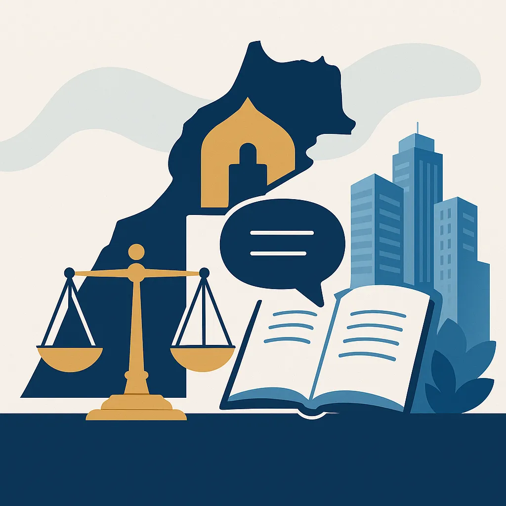Legal consultation in Morocco with law scales, documents, and real estate icons